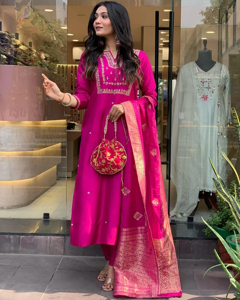 GoSriKi Pink GoSriKi Women's Silk Blend Straight Embroidered Kurta with Pant & Dupatta (Kosapet Pink-GS_M_Pink_Medium) for Women | Best Price UAE